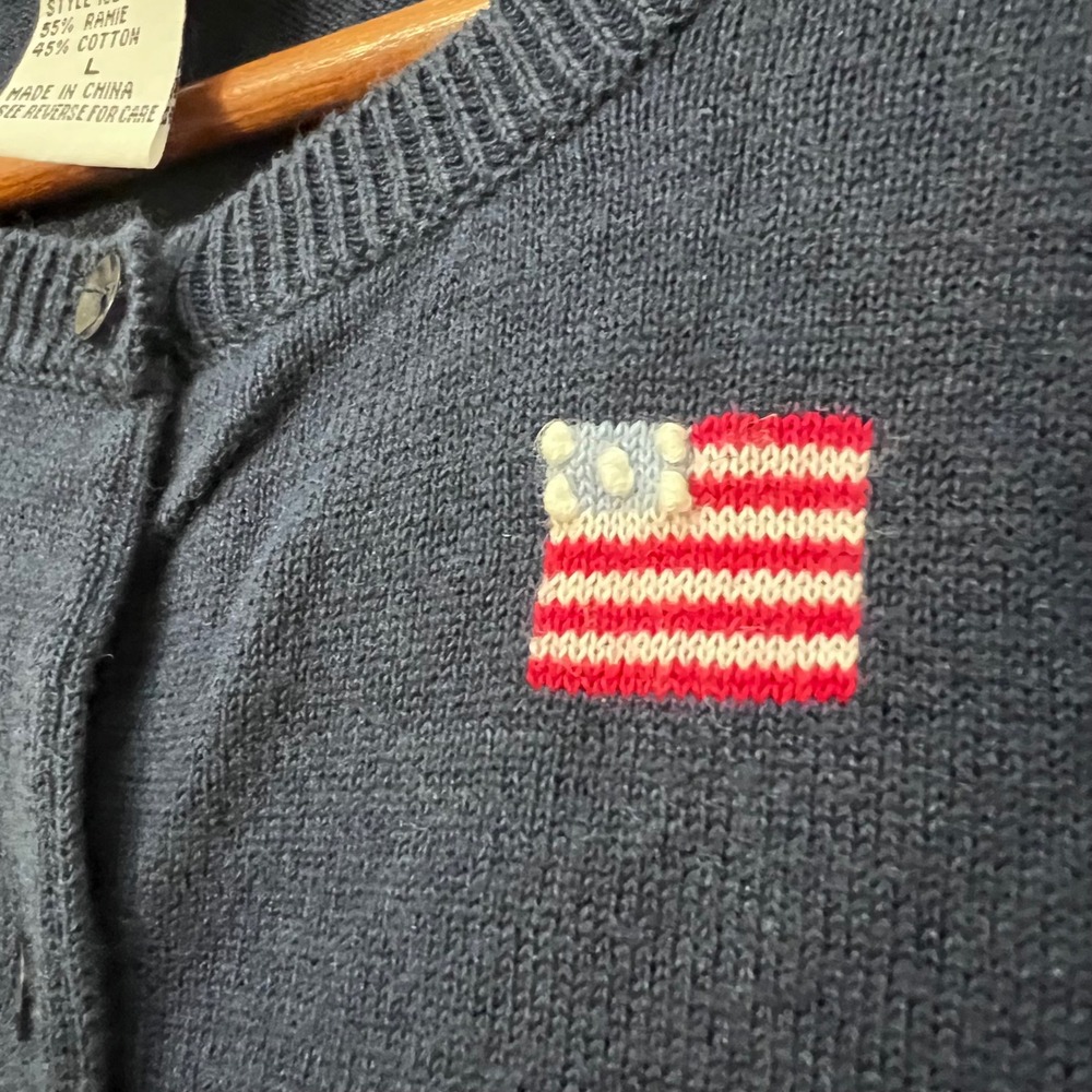 Teddi Womens Navy Blue Short Sleeve Cardigan Sweater Patriotic Hearts Stars L - Picture 4 of 5